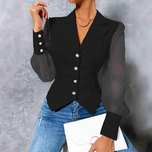 Single-breasted Mesh Sleeves Slim Top Sexy Lining