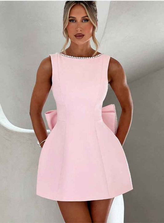 Fashion Big-Bowed Pearls Backless Dress Summer Slim Sleeveless A-line Dresses For Party Evening Women's Clothing