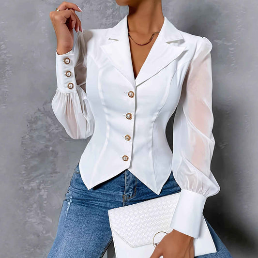 Single-breasted Mesh Sleeves Slim Top Sexy Lining