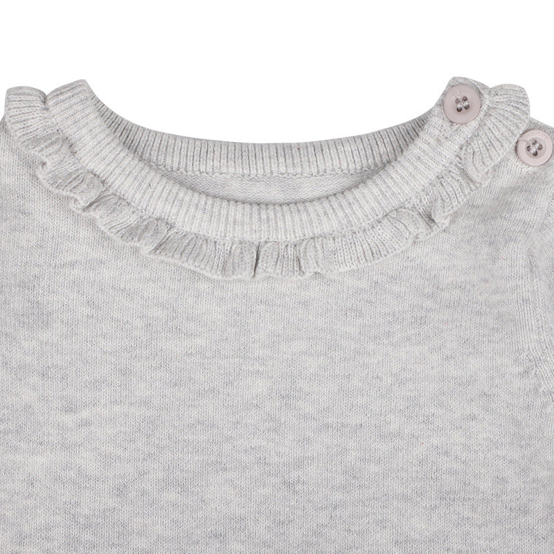 Baby Girl Solid Color Ruffle Collar Long Sleeves Knit Simple Jumpsuit