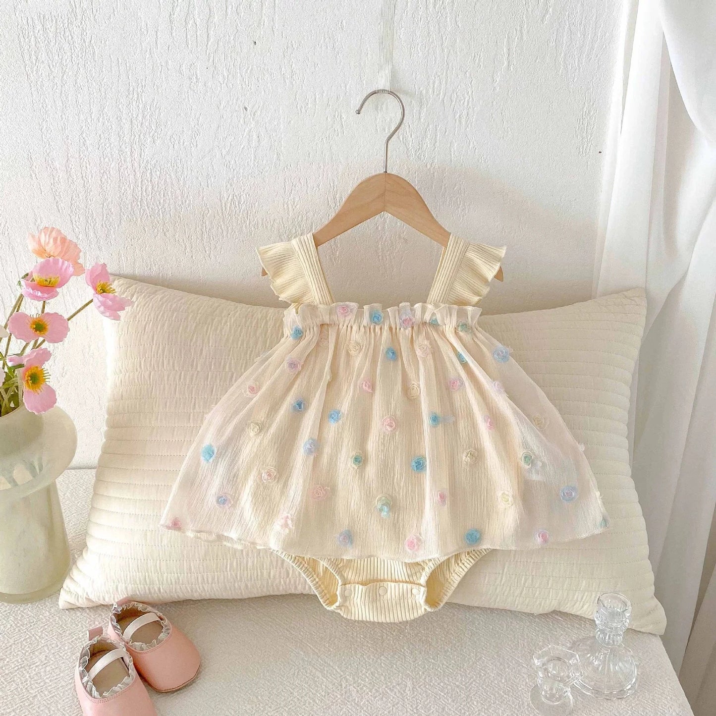 Summer Arrival Baby Girls Colorful Flowers Pattern Strap Onesies