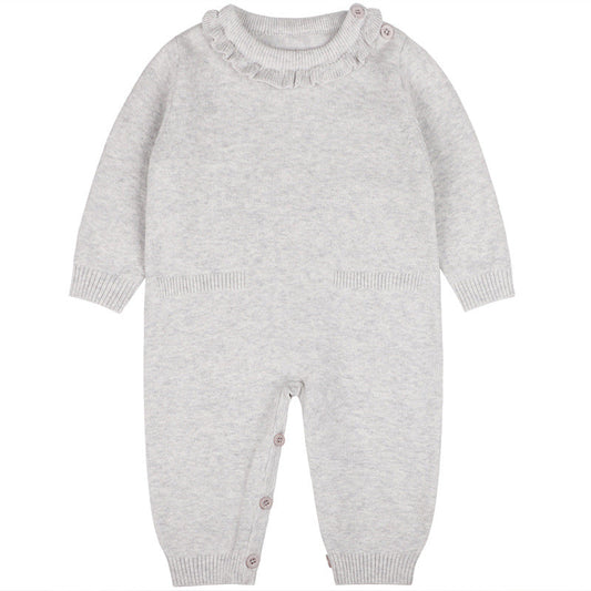 Baby Girl Solid Color Ruffle Collar Long Sleeves Knit Simple Jumpsuit